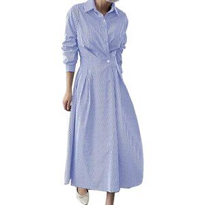 Women's Striped Shirt Dress Casual Long Sleeve A-Line Maxi Office Wear